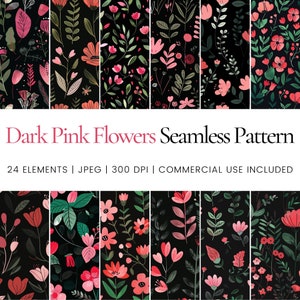 Puede incluir: Un patrón sin costuras con flores de color rosa oscuro y hojas sobre un fondo negro. El patrón está formado por 24 elementos y está disponible en formato JPEG a 300 DPI. Se incluye el uso comercial.