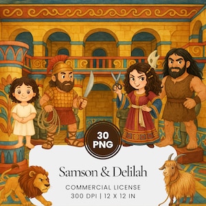 Puede incluir: Una colorida ilustración con personajes de la historia de Sansón y Dalila. La imagen incluye un león, una cabra y figuras con vestimenta histórica. El texto en la imagen dice "Samson & Delilah" y "Commercial License 300 DPI | 30.48 x 30.48 cm".