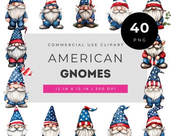 Ensemble d'images clipart de gnomes américains pour des créations patriotiques, illustrations de fêtes américaines pour invitations, gnomes du 4 juillet pour projets de scrapbooking
