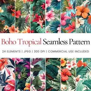 Puede incluir: Un conjunto de 24 patrones digitales sin costuras que presentan follaje tropical y flores en un estilo boho. Los patrones están en una variedad de colores, incluyendo verde, rosa, rojo, naranja y amarillo. Los patrones son perfectos para usar en una variedad de proyectos, como telas, papel tapiz y diseño digital.