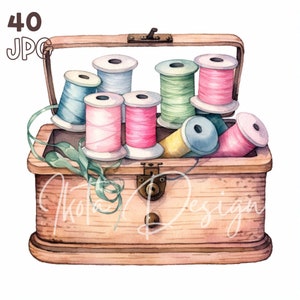 Vintage Sewing Box Clipart - 40 High Quality JPG - Digital Planner, Junk Journaling, Watercolor, Wall Art, Commercial Use, Digital Download