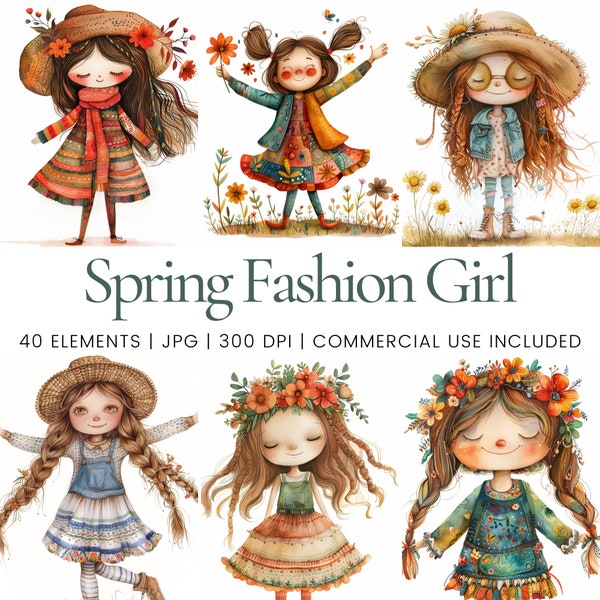 Spring Fashion Girl Clipart - 40 High Quality JPG - Digital Planner, Junk Journaling, Watercolor, Wall Art, Commercial Use, Digital Download