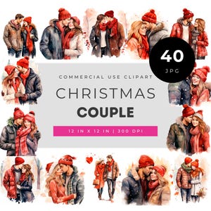 Christmas couple clipart, romantic winter love illustrations, cozy festive couples in red scarves and jackets, holiday art JPG set