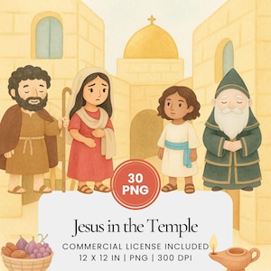 Bible Story Clipart Jesus in the Temple Watercolor PNG, Christian Teaching Art for Kids, Luke 2 Sunday School Digital Illustration Set