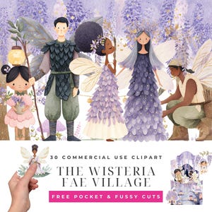 Puede incluir: Un conjunto de ilustraciones digitales titulado 30 COMMERCIAL USE CLIPART THE WISTERIA FAE VILLAGE FREE POCKET & FUSSY CUTS que muestra varios personajes de hadas con alas, ropa inspirada en flores y linternas sobre un fondo de glicinias.