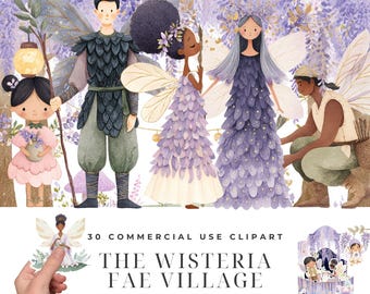 Wisteria Fae Village Clipart Bundle, Watercolor Fairy Village Illustrations, Wisteria Lantern Cottage, Fantasy Fairy World Designs Download