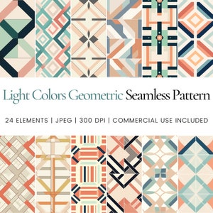 May include: A set of 24 seamless geometric patterns in light colors. The patterns feature various geometric shapes, including squares, triangles, and diamonds. The patterns are perfect for use in a variety of design projects, such as website backgrounds, social media graphics, and printed materials.
