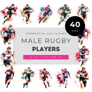 Male rugby players watercolor clipart bundle, athletic sportsman png set, dynamic running action art for posters, invitations, & team decor