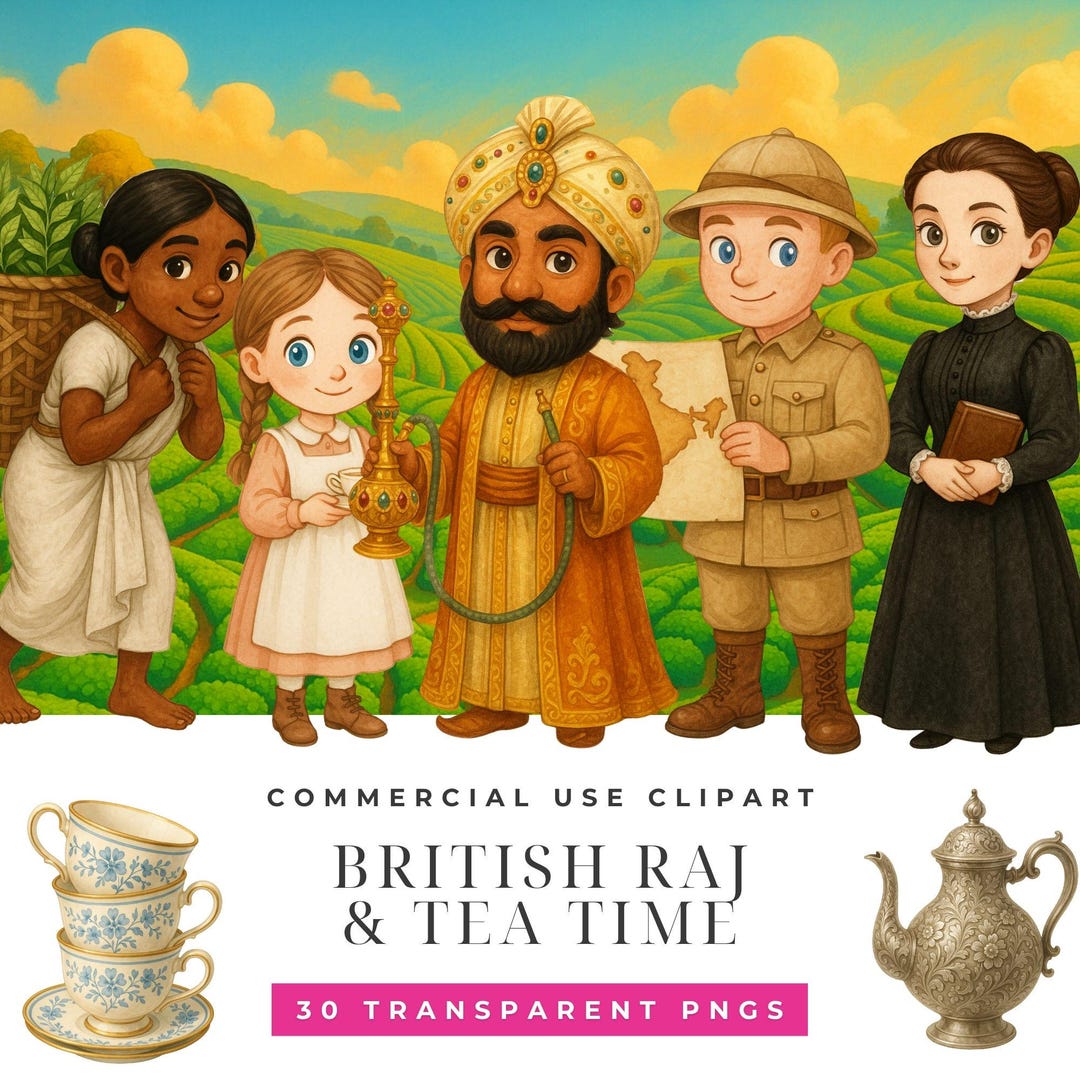 British Raj Tea Time Watercolor Clipart Bundle, Elephant Teapot Fan ...