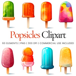Aquarell-Clipart-Paket mit Eis am Stiel, Illustrationen fruchtiger Sommerleckereien für Geburtstagspartys zum Ausdrucken, Design-Paket für Frozen-Dessert-Sticker