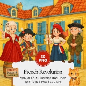 May include: Illustration of the French Revolution with cartoon figures in period clothing. A woman in a red dress, a boy with a drum, and a woman with a staff are featured. The image includes the text "French Revolution" and "Liberté, Égalité, Fraternité".