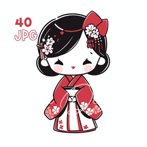 Little Geisha Clipart - 40 JPG di alta qualità - Pianificatore digitale, Junk Journaling, Wall Art, Uso commerciale, Download digitale, Tazze, Abbigliamento