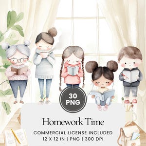 Homework Time Clipart - 30 PNG - Digital Planner, Junk Journaling, Wall Art, Commercial Use, Sublimation, Scrapbooking, Cards, Mugs, Sticker
