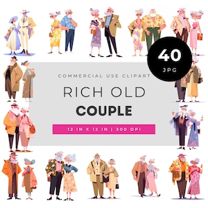 Rich elderly couple clipart bundle, senior vintage fashion illustrations, retired couple art set, old people characters printable pack