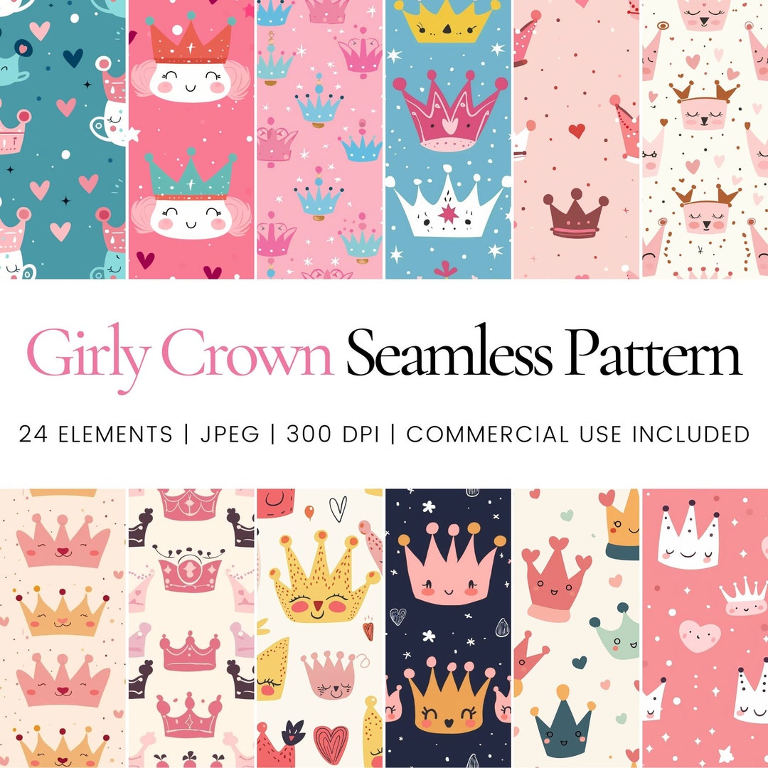 Princess Crown Seamless Pattern Bundle, Girly Royal Digital Paper Pack ...