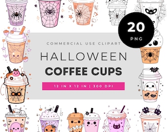 Halloween coffee cup clipart set, cute spooky latte png bundle, kawaii pumpkin drink illustration, pastel boba & ghost mug art graphics pack