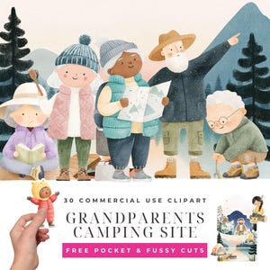 Puede incluir: Ilustración en acuarela de un grupo de abuelos acampando. La imagen presenta a cinco abuelos, cada uno vestido con ropa de exterior, y un niño con un disfraz de oso sostenido por una mano. El texto dice "Grandparents Camping Site" y "30 Commercial Use Clipart".