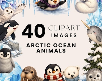 Arctic Ocean Animals Clipart, Cute Polar Bear PNG, Winter Nursery Illustrations, Watercolor Baby Animal Bundle, Penguin Seal Fox Art