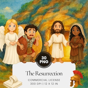 Puede incluir: Ilustración digital que representa la resurrección de Jesús. La imagen presenta a Jesús, un ángel, un soldado romano y una mujer. El texto "The Resurrection" se muestra debajo de los personajes, junto con un casco romano y una tela doblada.