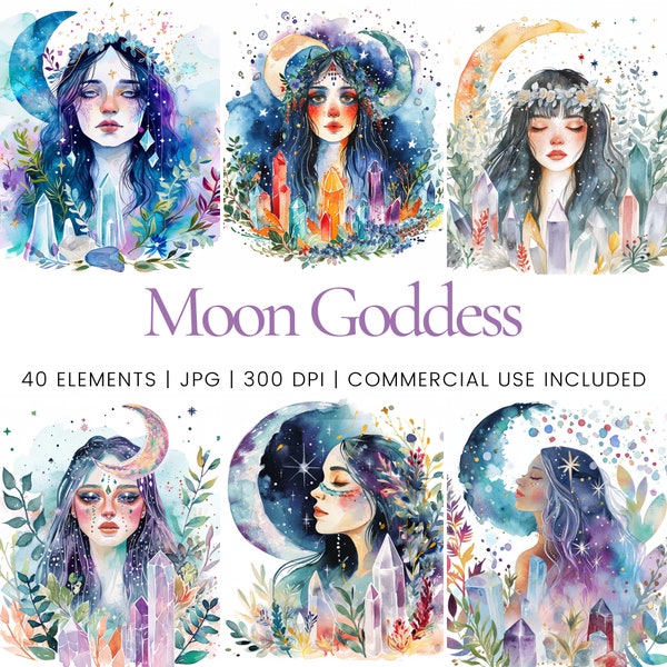 Moon Goddess Clipart - 40 High Quality JPGs - Digital Planner, Junk Journaling, Watercolor, Wall Art, Commercial Use, Digital Download, Mugs