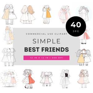 Best friends clipart set, minimal girlfriend illustrations for cards and planners, cute hugging girls line art for stickers and crafting