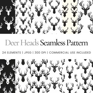 Puede incluir: Un conjunto de seis patrones sin costuras con siluetas de cabezas de ciervos en blanco y negro. Los patrones son perfectos para proyectos de manualidades, scrapbooking y diseño digital.