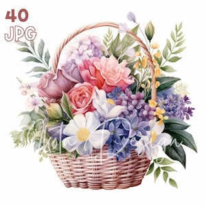 Blumenkorb Clipart - 40 hochwertige JPGs - Digitaler Planer, Junk Journaling, Aquarell, kommerzielle Nutzung, digitaler Download, Tassen, Bekleidung