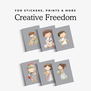 May include: Six rectangular cards featuring watercolor illustrations of children in ancient attire, including a potter, a writer, a traveler, a soldier with a helmet, a musician with a lyre, and a water carrier. Text reads: FOR STICKERS, PRINTS & MORE Creative Freedom.