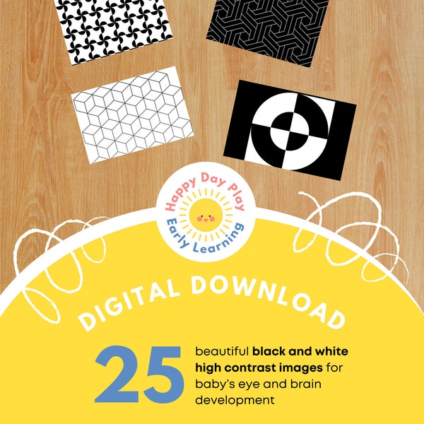 Digital Download 25 Black and White Baby Cards, High Contrast and Abstract for brain and eye development