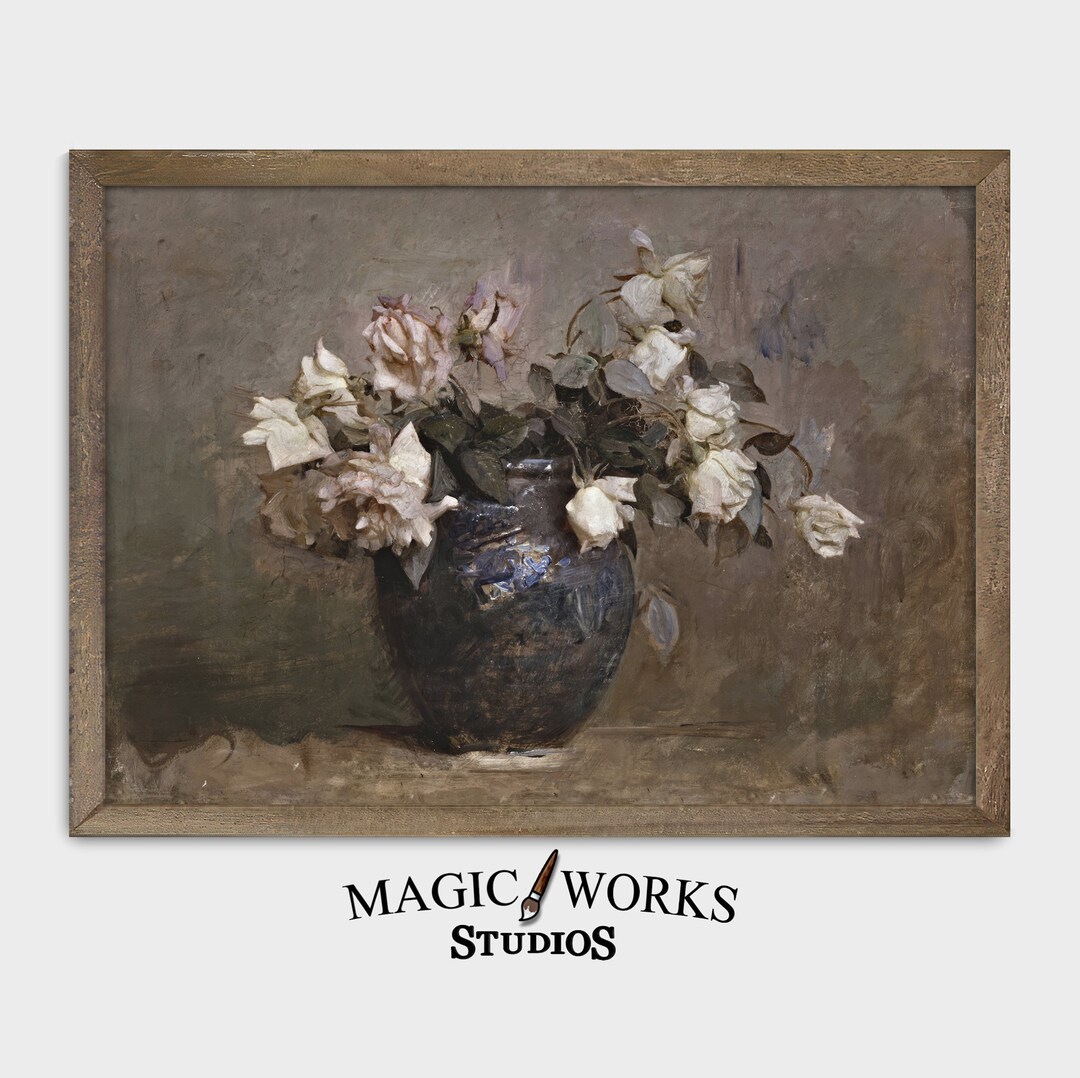 Vintage White Roses Print, Botanical Wall Art, Rose Art, Rustic Floral ...