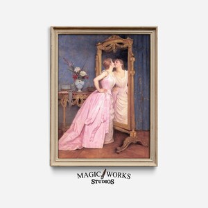 Painting of A Woman In A Pink Dress - Vintage Wall Art, Printable Digital Download
