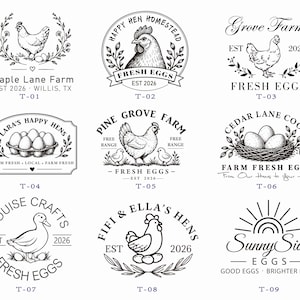 May include: A collection of nine black and white circular and rectangular logo designs featuring farm-themed illustrations of chickens, eggs, nests, and ducks, with text including Maple Lane Farm, Grove Farm, Pine Grove Farm, and Sunny Side Eggs.