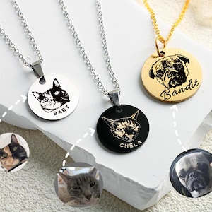 Collier personnalisé avec nom et portrait d'animal de compagnie • Collier avec portrait de chien gravé • Collier avec photo de chien • Cadeaux commémoratifs pour animaux de compagnie • Cadeaux de Noël • Cadeaux pour les amoureux des animaux