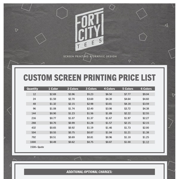 Screen Printing PRICE LIST Template Editable. Printable Price Sheet, Price Guide, T-shirt, Screen Printing, Price Sheet, Pricing, PDF