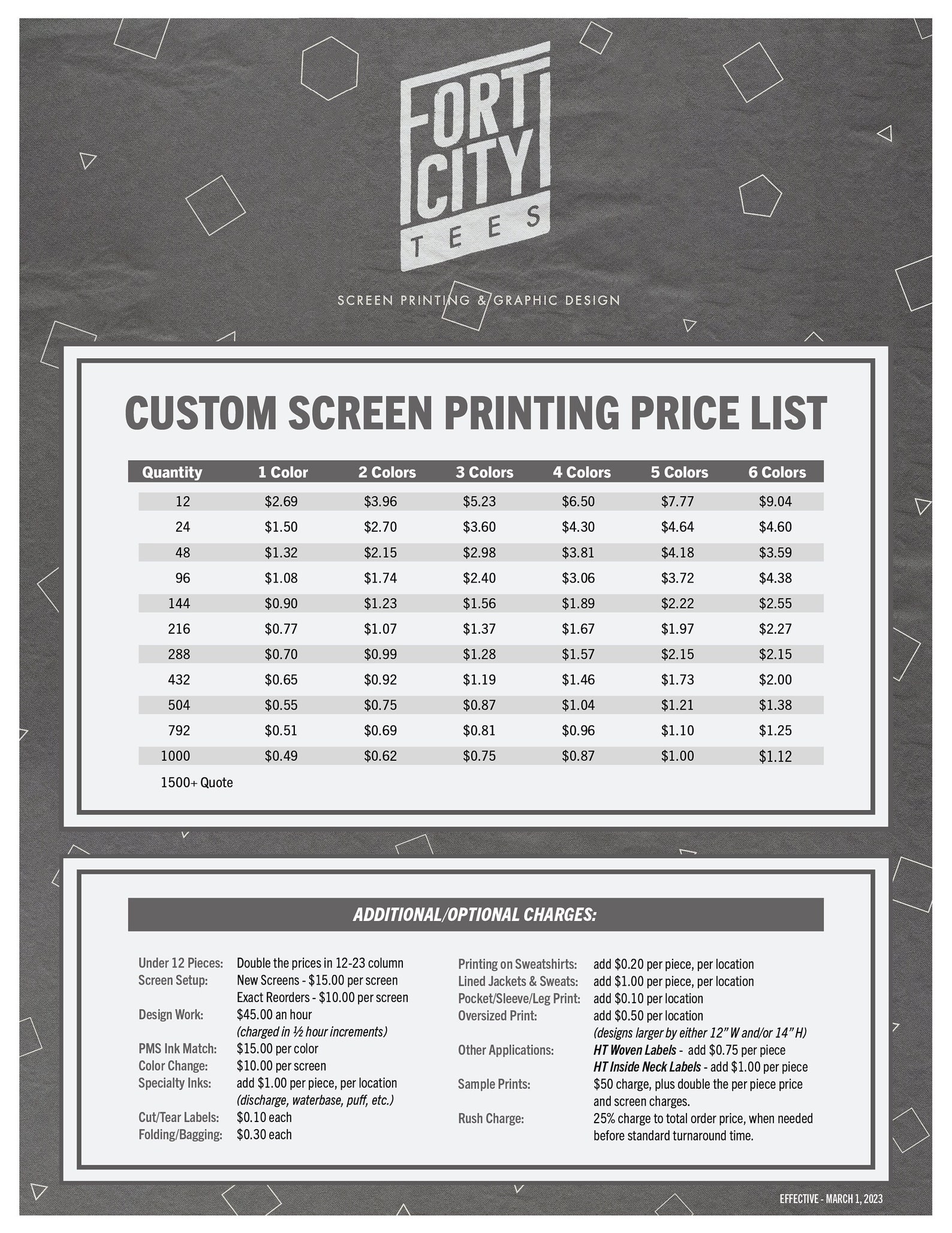 Screen Printing PRICE LIST Template Editable Printable Price Sheet 