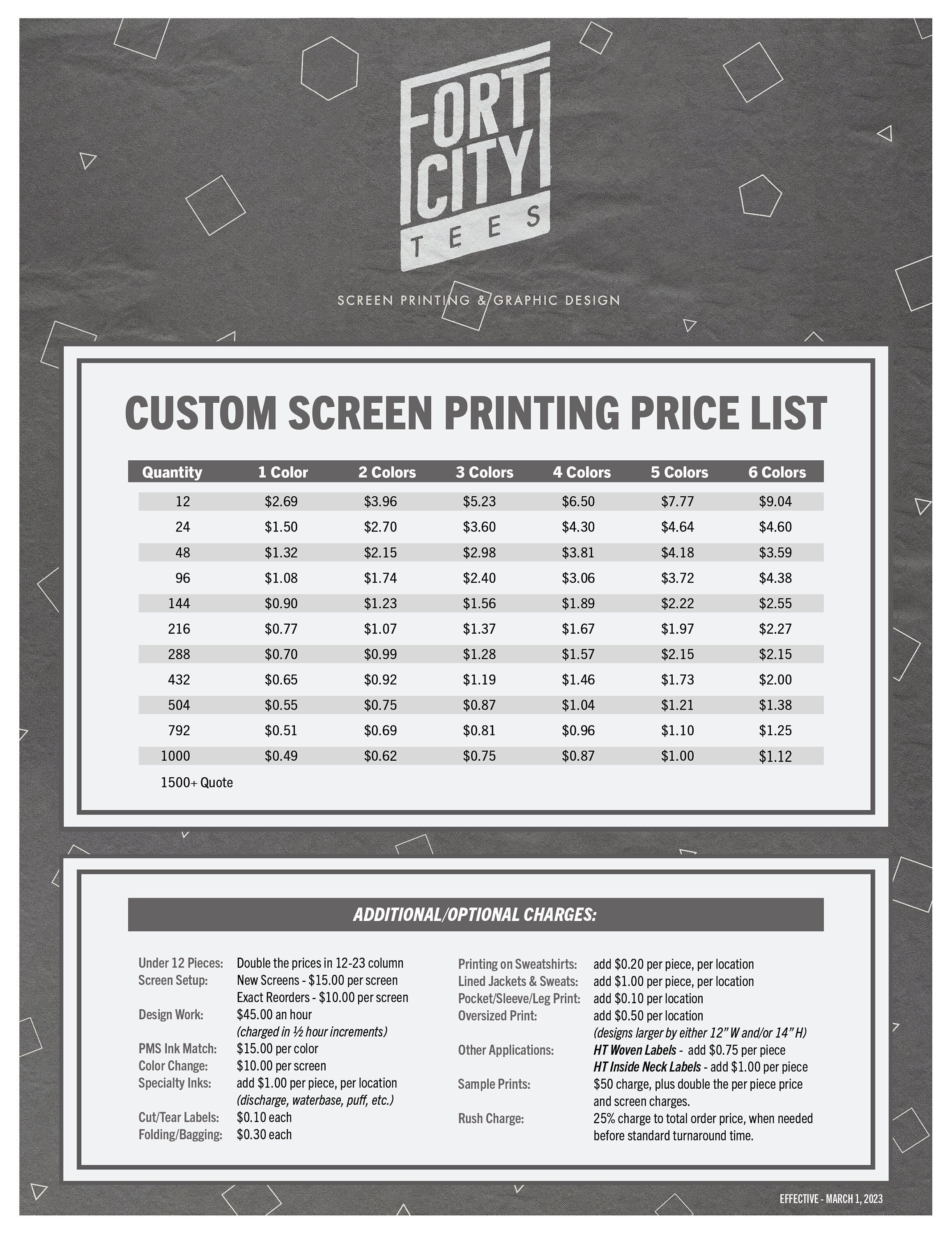 Screen Printing PRICE LIST Template Editable Printable Price Sheet 