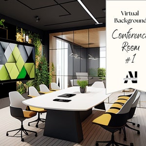 May include: A virtual background image of a modern conference room with a large screen, a long white table, and black and yellow chairs. The text "Virtual Background Conference Room #1" is visible in the upper right corner of the image.