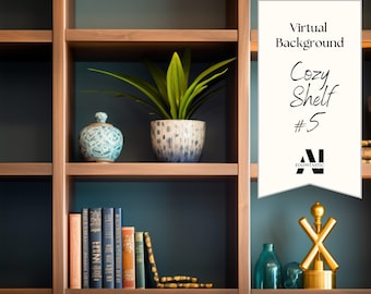 May include: A virtual background image featuring a bookshelf with books, a potted plant, and decorative objects. The text "Cozy Shelf #5" is visible on a white tag.