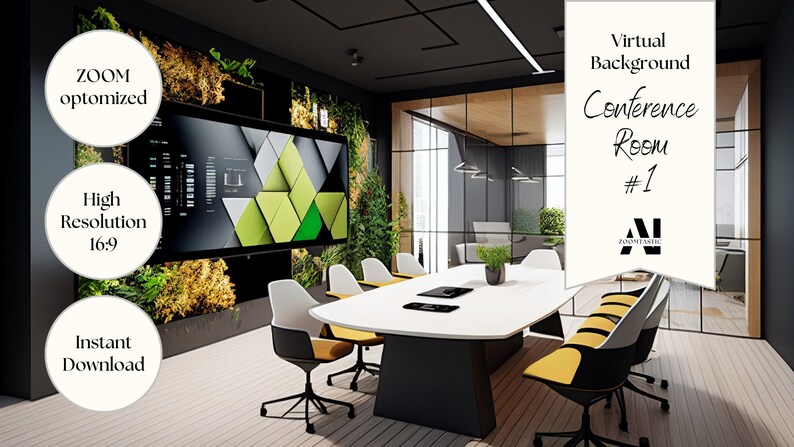 May include: A virtual background image of a modern conference room with a large screen, a long white table, and black and yellow chairs. The text "Virtual Background Conference Room #1" is visible in the upper right corner of the image.