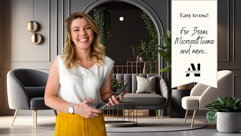 May include: A woman holding a tablet smiles in a modern living room setting. The image includes text that reads "Easy to use! For Zoom, Microsoft Teams and more..." The logo for Zoomtastic is also visible.