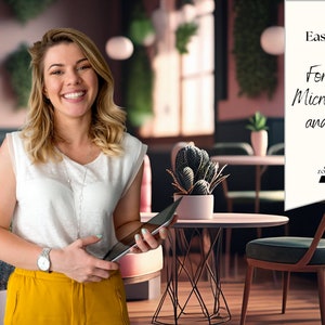 May include: A woman smiles while holding a tablet in a cafe setting. The text on the sign reads "Easy to use! For Zoom, Microsoft Teams and more..." with a logo that says "Zoomnetic".