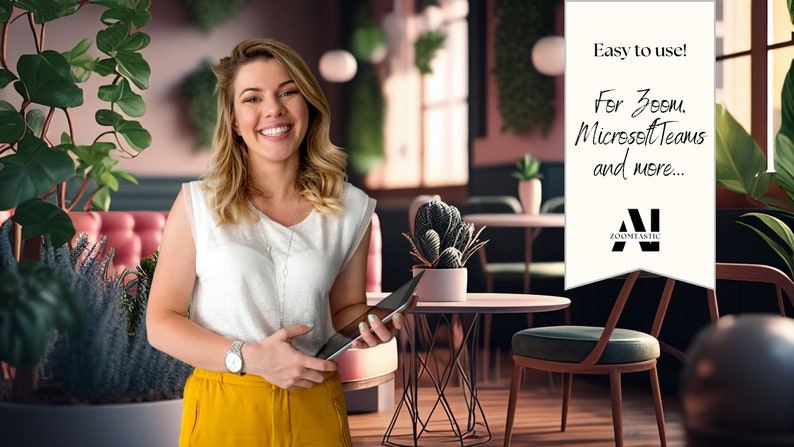 May include: A woman smiles while holding a tablet in a cafe setting. The text on the sign reads "Easy to use! For Zoom, Microsoft Teams and more..." with a logo that says "Zoomnetic".
