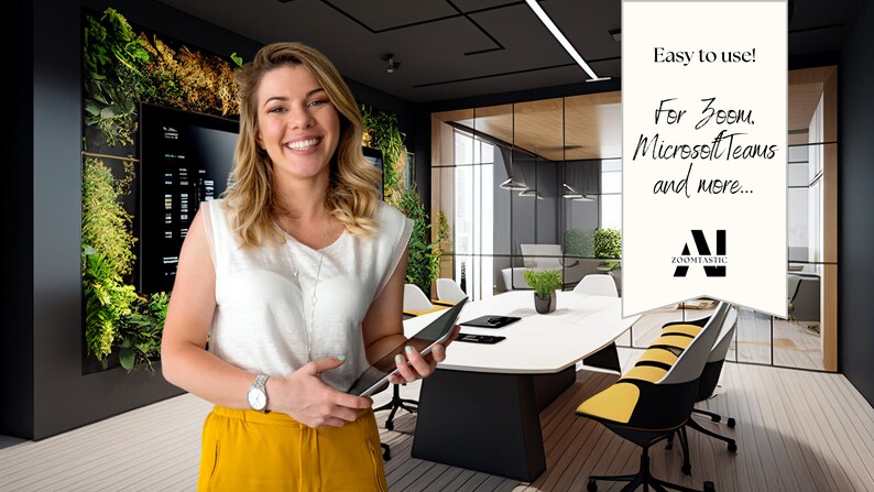 May include: A woman smiles while holding a tablet in a modern office setting. The office features a green wall, a large conference table, and yellow chairs. The text on the white sign reads "Easy to use! For Zoom, Microsoft Teams and more... Zoomnetic"