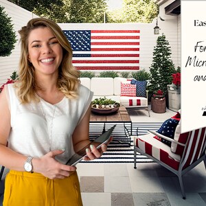 Puede incluir: Una mujer sonr&iacute;e mientras sostiene una tableta frente a un patio con una bandera estadounidense en la pared. El texto en el cartel blanco dice "F&aacute;cil de usar! Para Zoom, Microsoft Teams y m&aacute;s..." El cartel tambi&eacute;n tiene el logotipo "AI Zoomtastic".