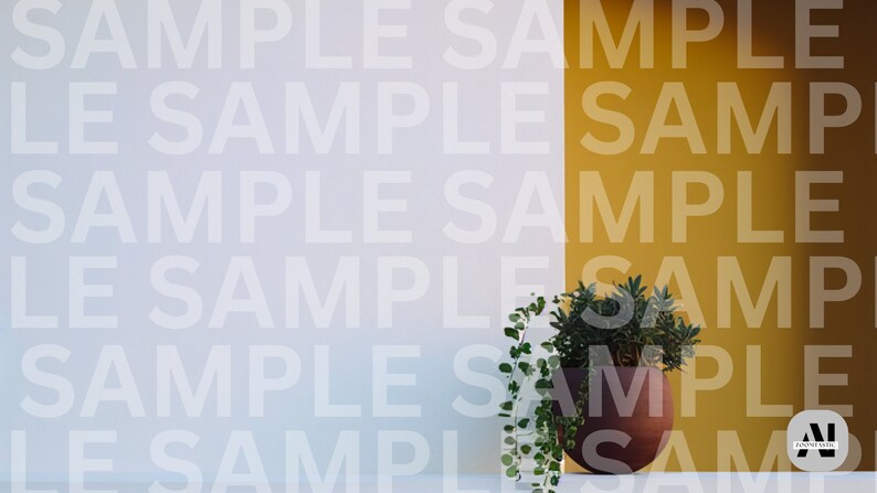 May include: A potted plant with green leaves sits on a white surface against a wall with a yellow accent. The wall is covered in a repeating pattern of the word "SAMPLE".