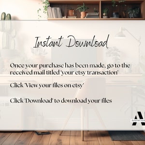 May include: A white and gray digital download instruction card with the text "Instant Download" in black cursive font. The card also includes instructions on how to download the digital file after purchase. The card is set against a blurred background of a home office with plants and a desk.