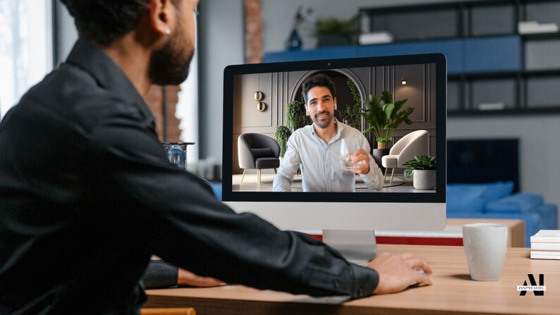 May include: A person in a black shirt is using a computer. The computer screen displays a video call with a man holding a glass of water. The background of the video call shows a modern interior with plants and chairs.