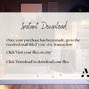 K&ouml;nnte beinhalten: Eine wei&szlig;e Karte mit dem Text "Sofortiger Download" in schwarzer Kursivschrift. Die Karte befindet sich vor einem verschwommenen Hintergrund eines Raumes mit einem Weihnachtsbaum, einem Stuhl und einem B&uuml;cherregal. Der Text unter dem Titel erkl&auml;rt, wie man das digitale Produkt nach dem Kauf herunterl&auml;dt.