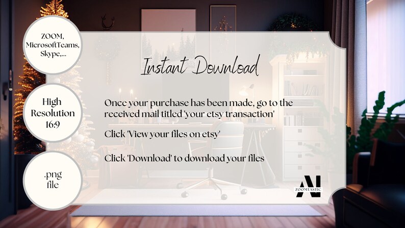 K&ouml;nnte beinhalten: Eine wei&szlig;e Karte mit dem Text "Sofortiger Download" in schwarzer Kursivschrift. Die Karte befindet sich vor einem verschwommenen Hintergrund eines Raumes mit einem Weihnachtsbaum, einem Stuhl und einem B&uuml;cherregal. Der Text unter dem Titel erkl&auml;rt, wie man das digitale Produkt nach dem Kauf herunterl&auml;dt.