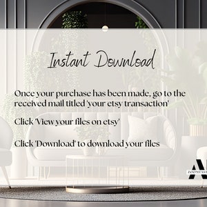 May include: An interior design image with text that reads "Instant Download." The image includes instructions for downloading files after purchase. The image also includes the text "ZOOM, Microsoft Teams, Skype" and "High Resolution 16:9."